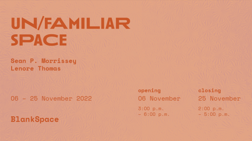 Text that says "Un/Familiar Space" on salmon pink background