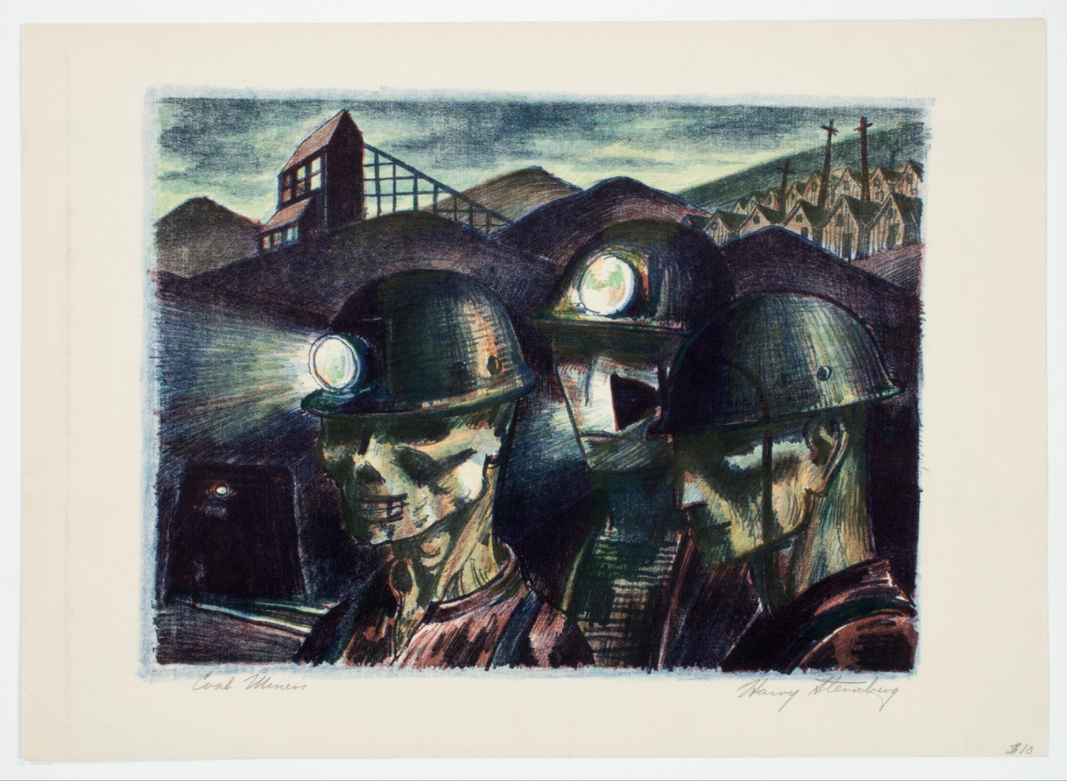 Oil painting of three miners in front of a dark backdrop of a mining town