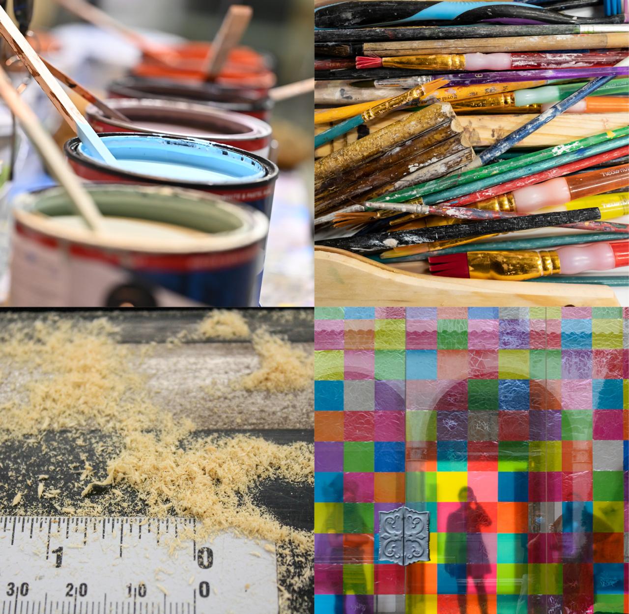 square of four images including paint buckets, paint brushes, wood shavings on a ruler and colorful decals on glass