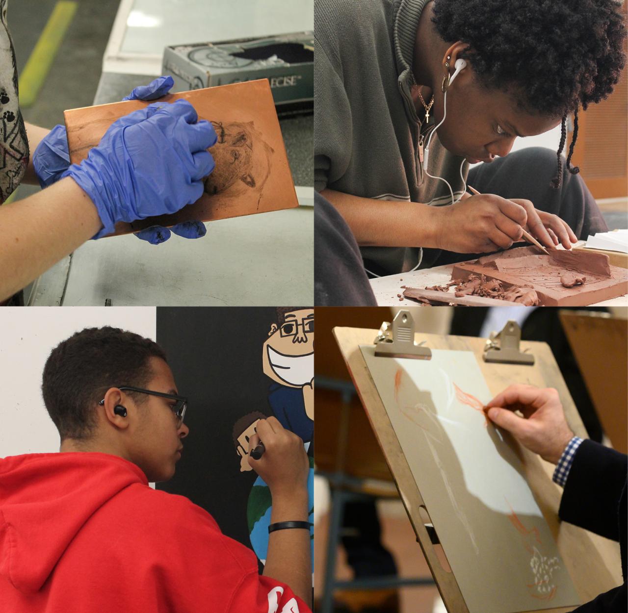 Four images: person cleans ink from a copper plate, person carves a sculpture in clay, person draws with marker, person draws with charcoal 