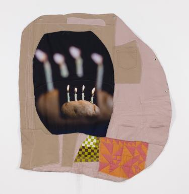 Barbara Weissberger Birthday, 2024, photo graphic print on fabric (dye-sublimation), other fabrics, old jeans, batting, thread, grommets, 47 x 43.75 in 