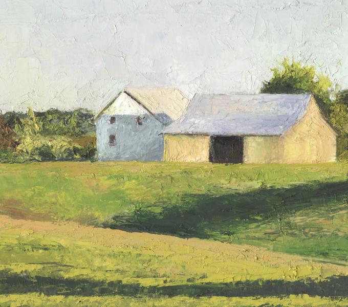 Landscape painting of a barn and house in a field