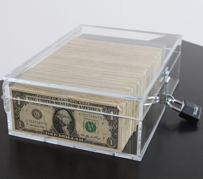 Dollar bills locked in a lucite box