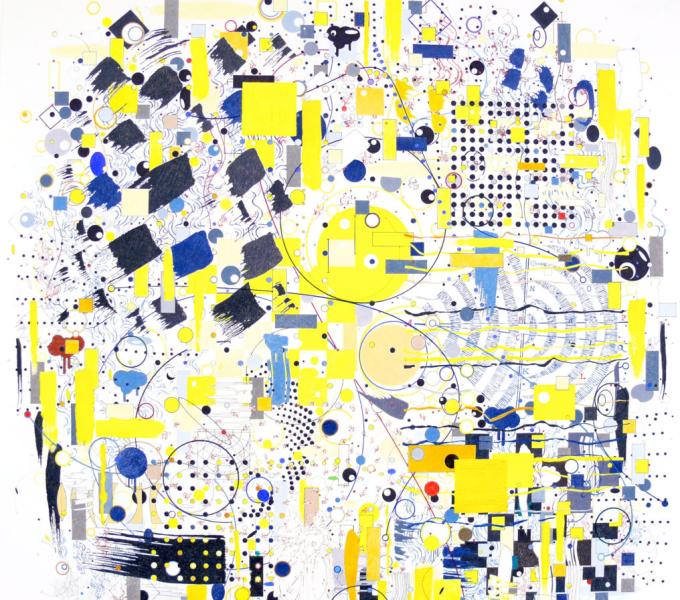 Geometric shapes in yellow and blue fill a canvas